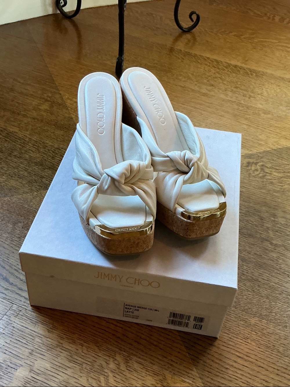 NWT Jimmy Choo Latte Knot Cork Platform Sandals with Gold Accent